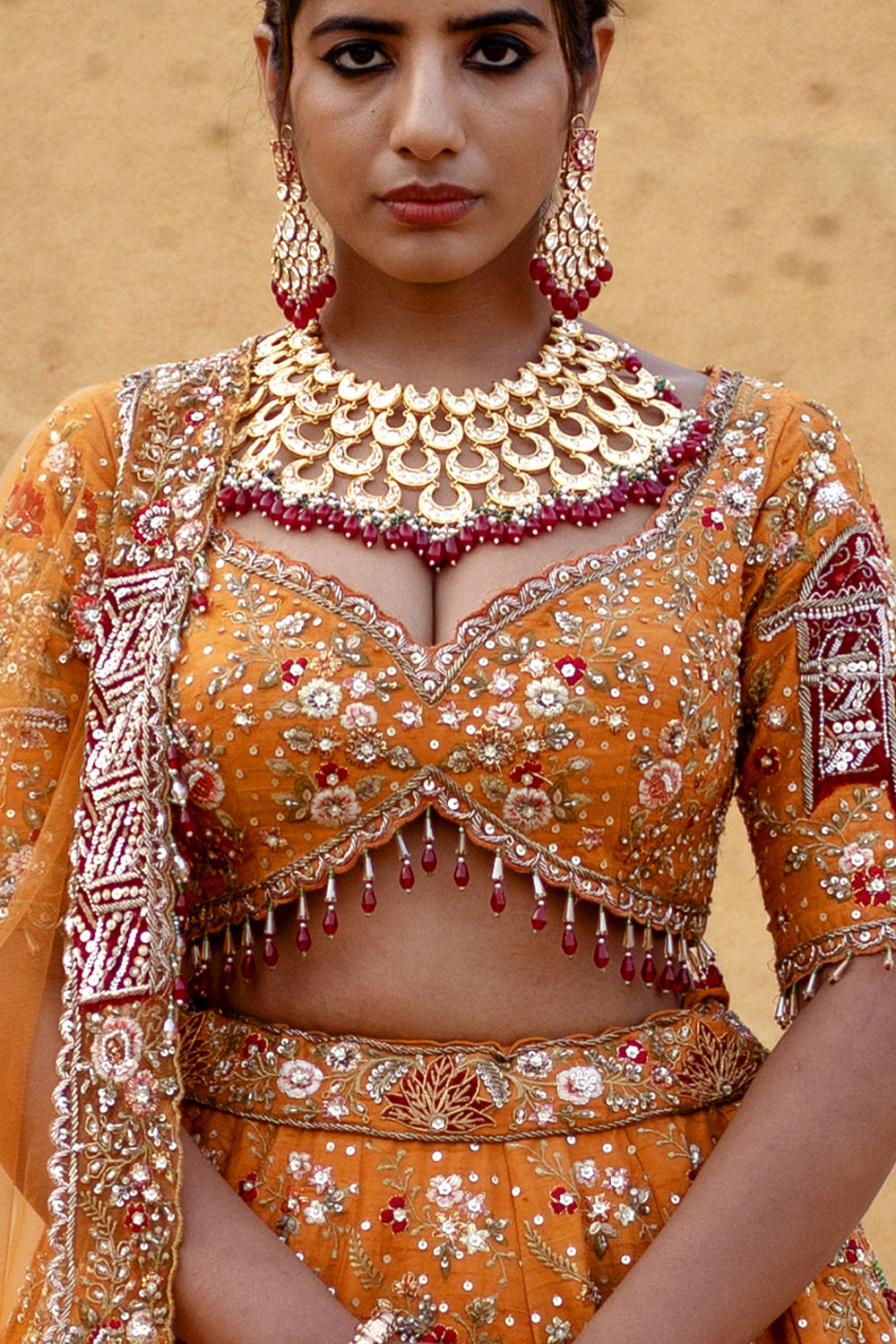 Mustard Orange Hand Embroidered Lehenga Set