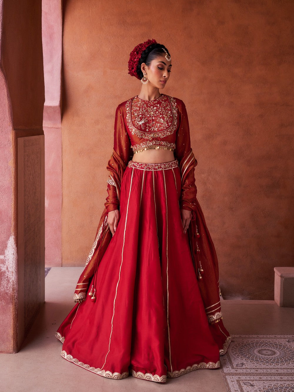 Maroon upada silk lehenga, shimmer tissue blouse and dupatta