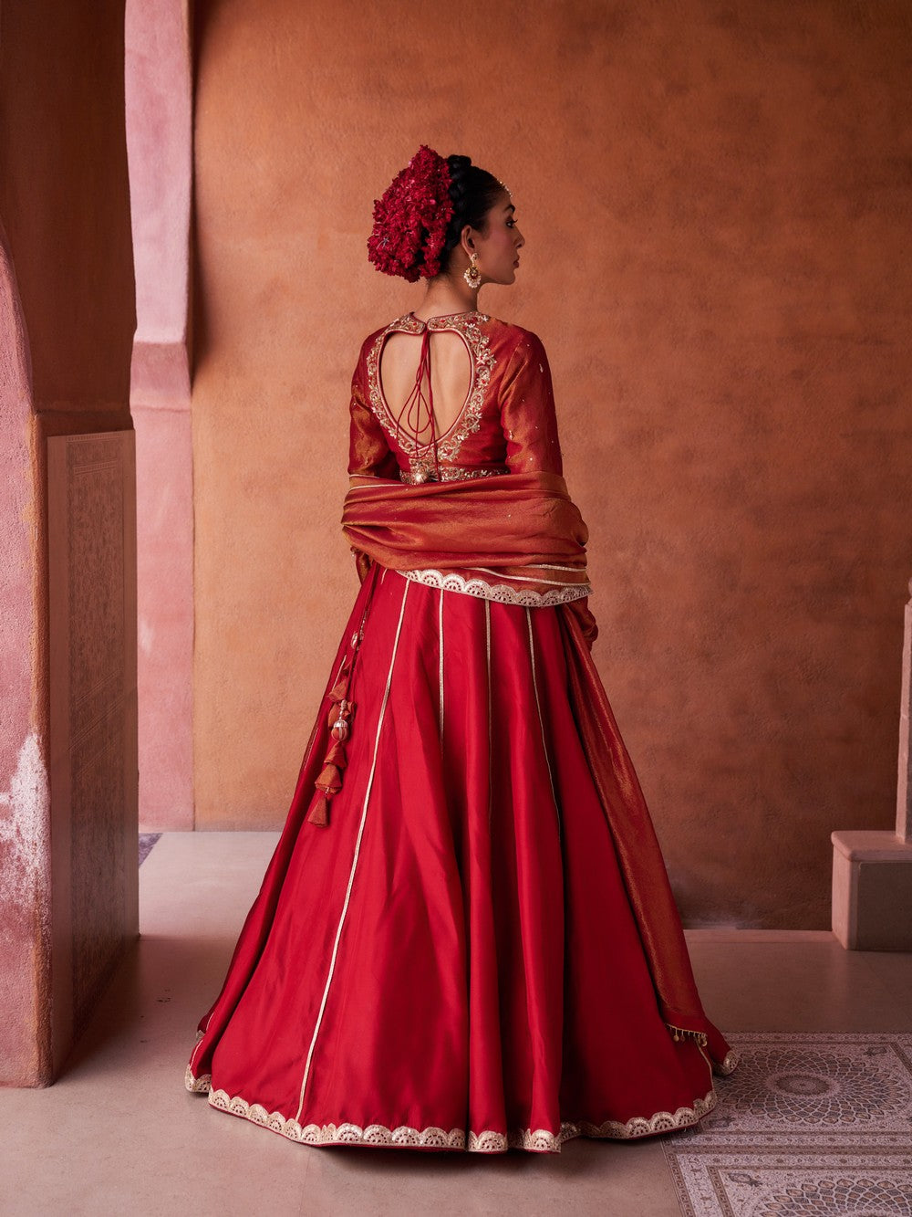 Maroon upada silk lehenga, shimmer tissue blouse and dupatta