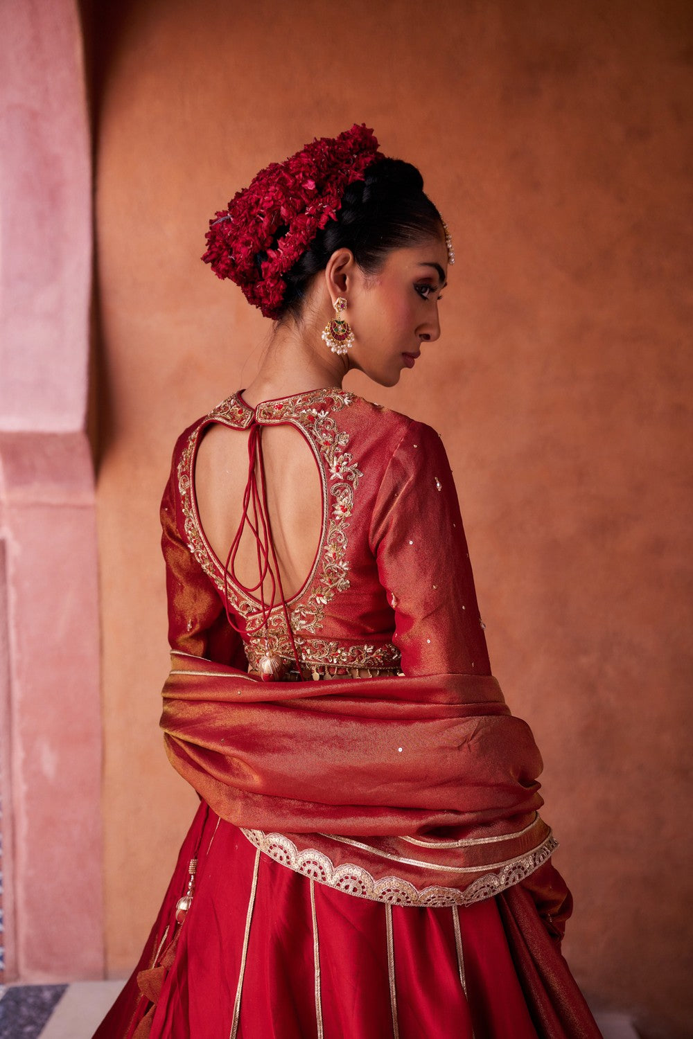 Maroon upada silk lehenga, shimmer tissue blouse and dupatta