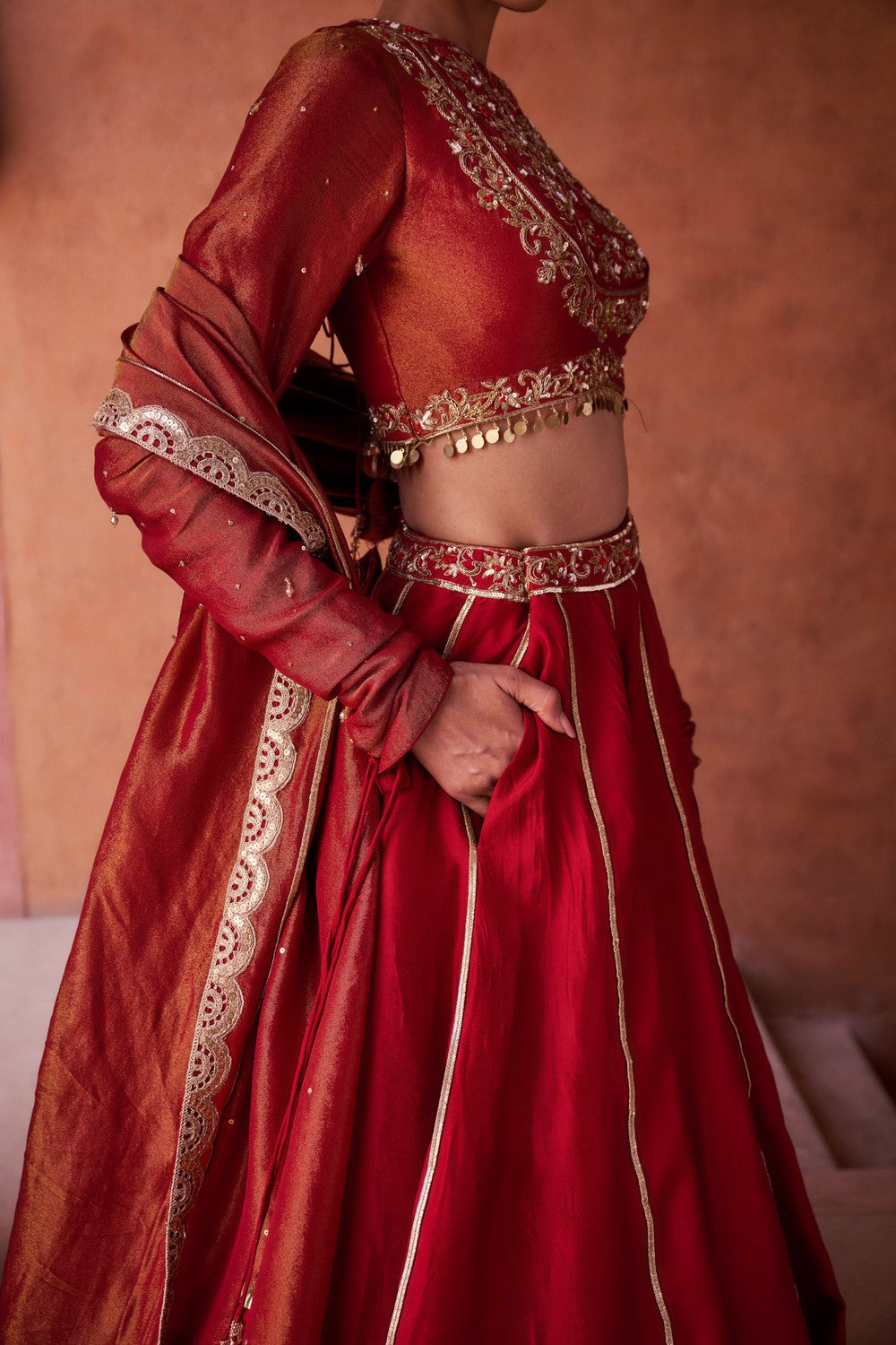 Maroon upada silk lehenga, shimmer tissue blouse and dupatta