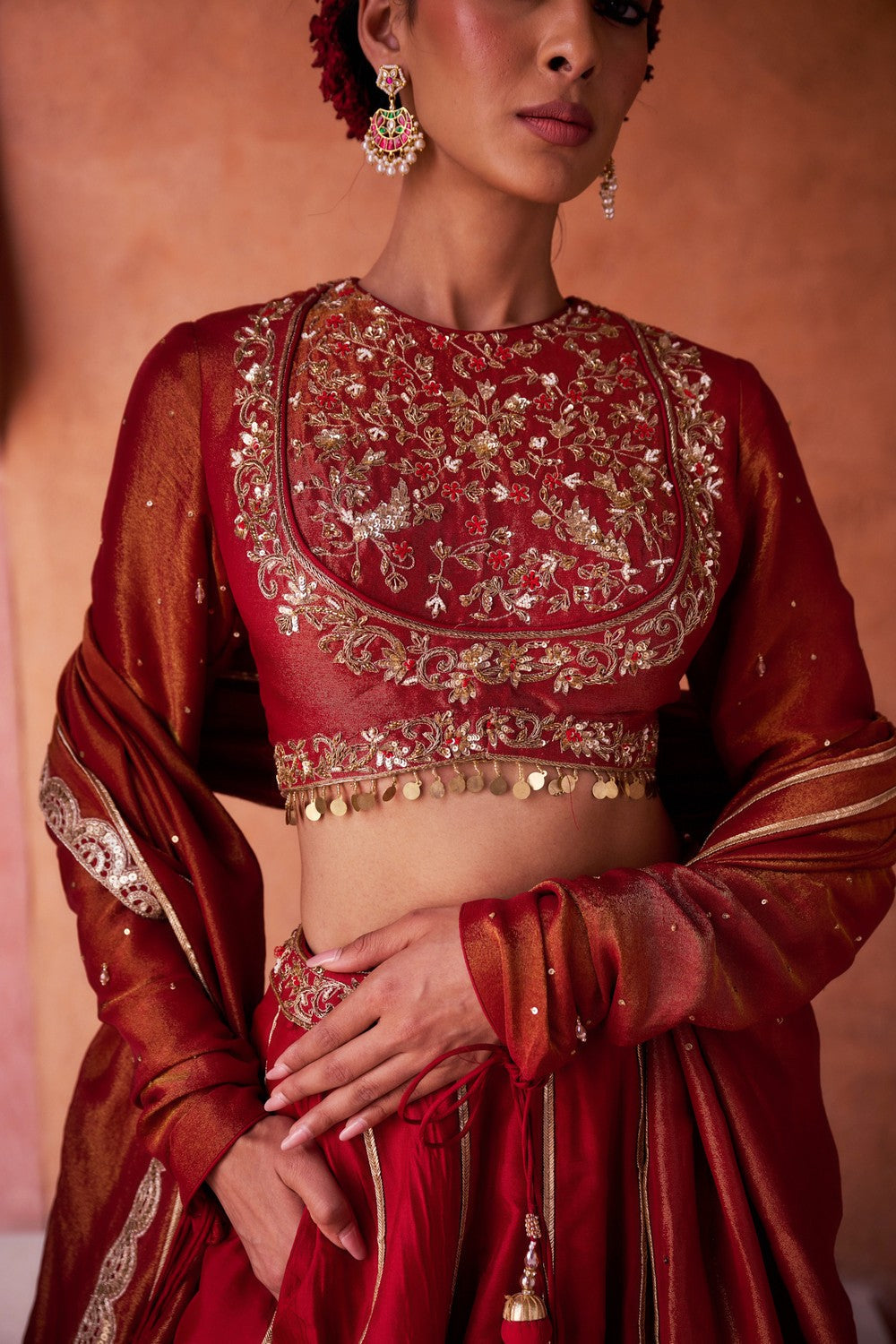 Maroon upada silk lehenga, shimmer tissue blouse and dupatta
