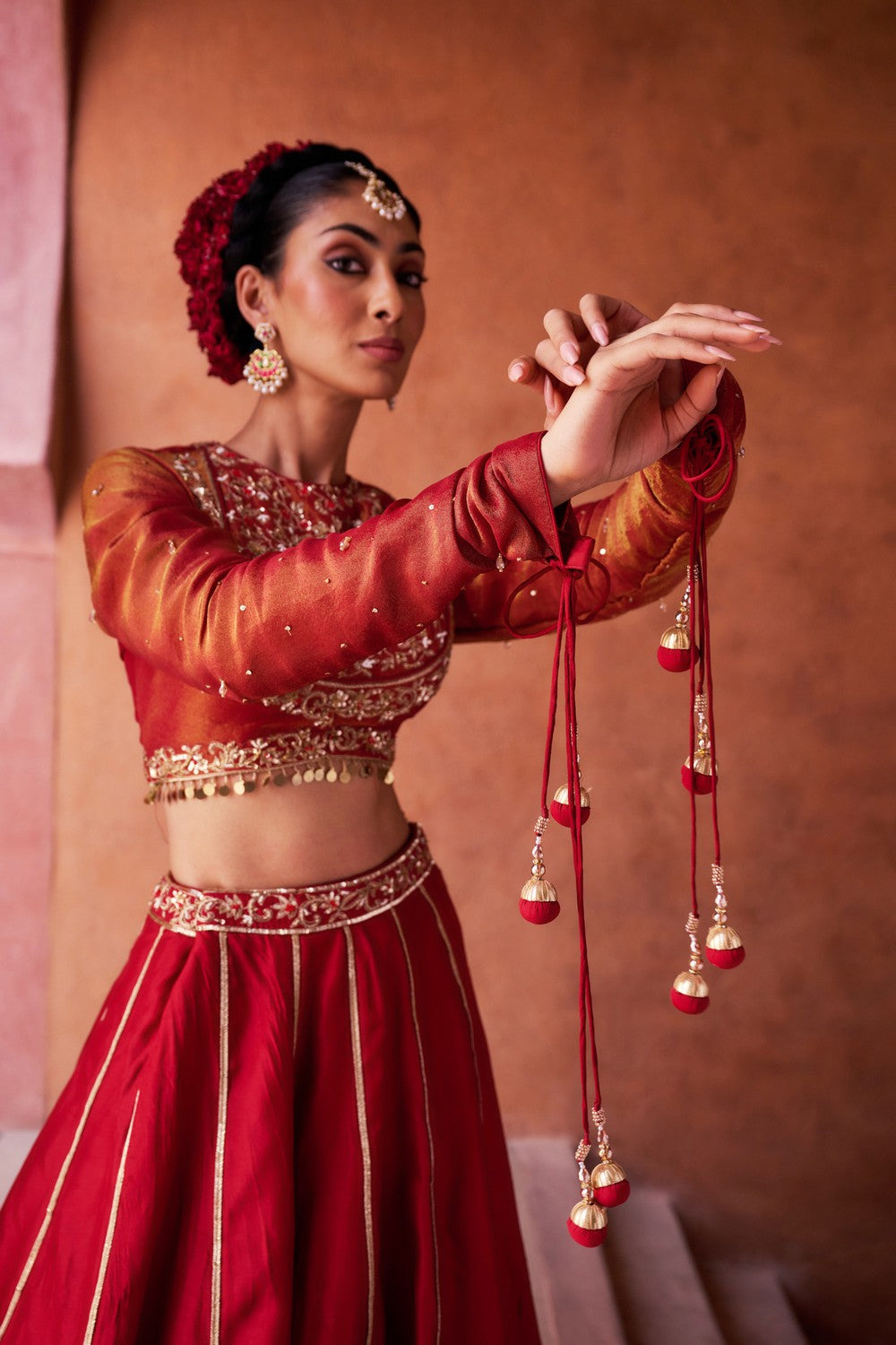 Maroon upada silk lehenga, shimmer tissue blouse and dupatta