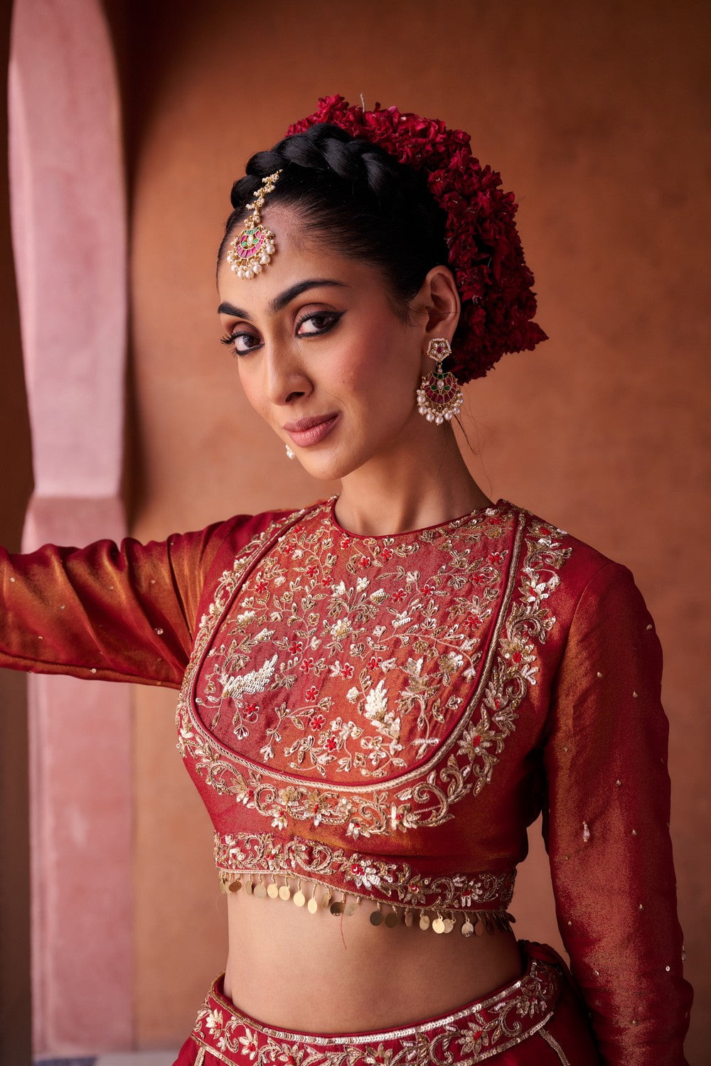 Maroon upada silk lehenga, shimmer tissue blouse and dupatta