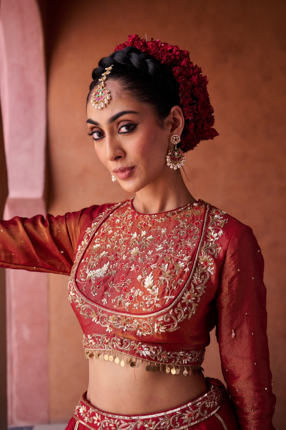 Maroon upada silk lehenga, shimmer tissue blouse and dupatta