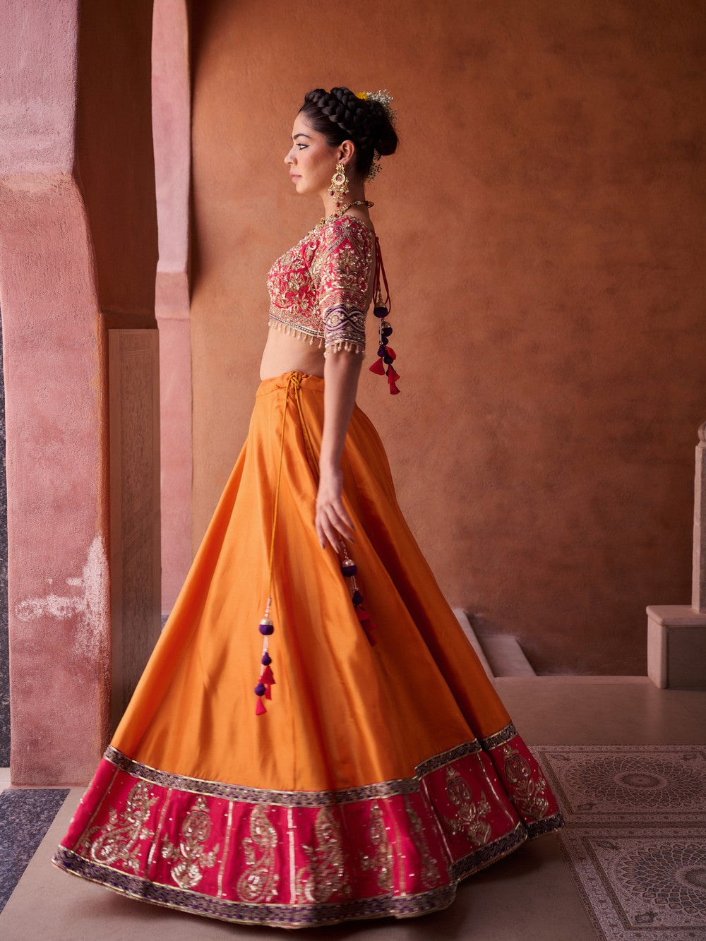 Rust orange and magenta pink upada silk blouse, lehenga and dupatta