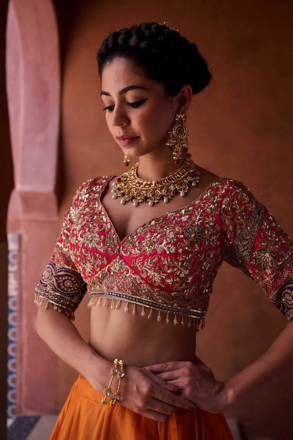 Rust orange and magenta pink upada silk blouse, lehenga and dupatta