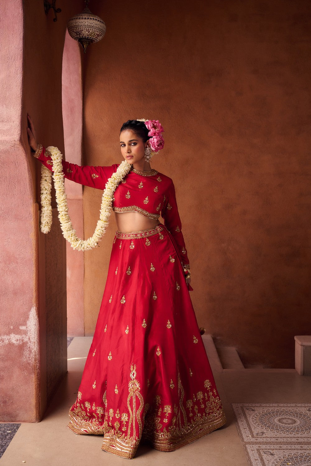 Reddish coral upada silk blouse, lehenga and shimmer tissue dupatta
