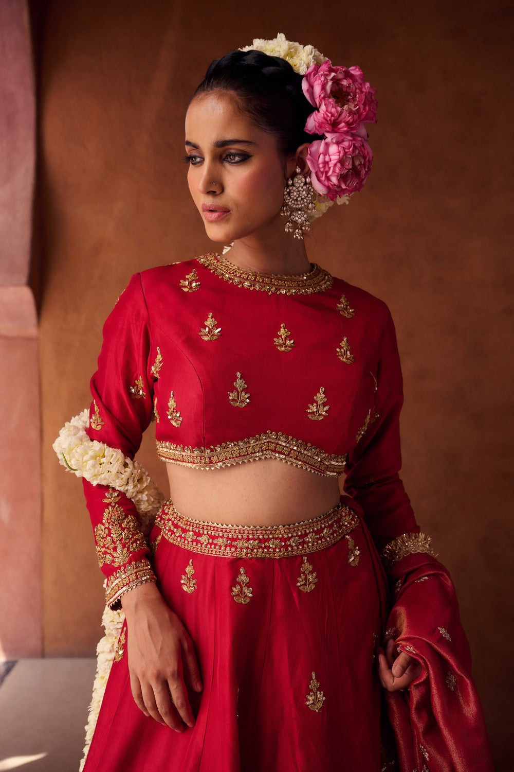 Reddish coral upada silk blouse, lehenga and shimmer tissue dupatta