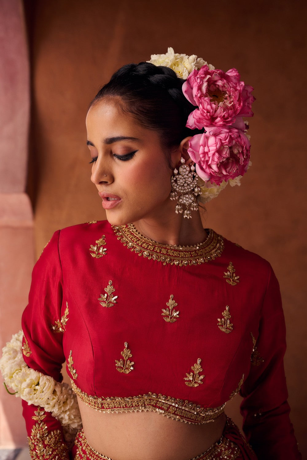 Reddish coral upada silk blouse, lehenga and shimmer tissue dupatta