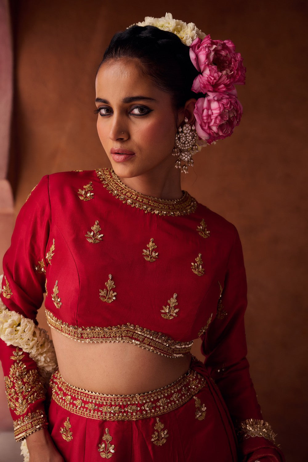 Reddish coral upada silk blouse, lehenga and shimmer tissue dupatta