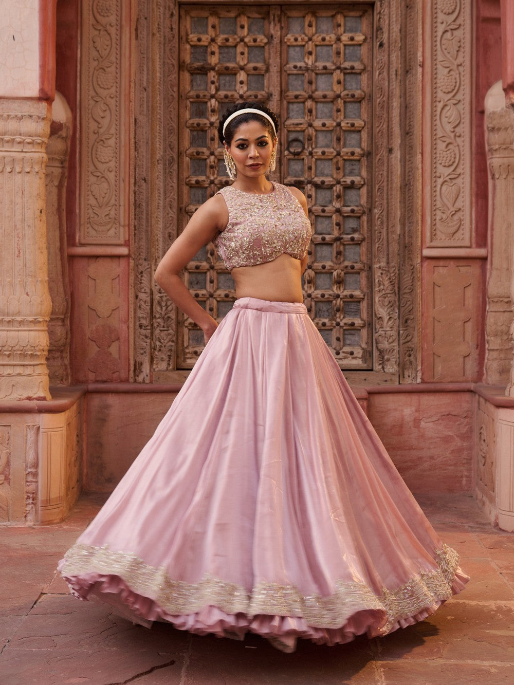 Blush pink glass tissue silk blouse, lehenga and dupatta