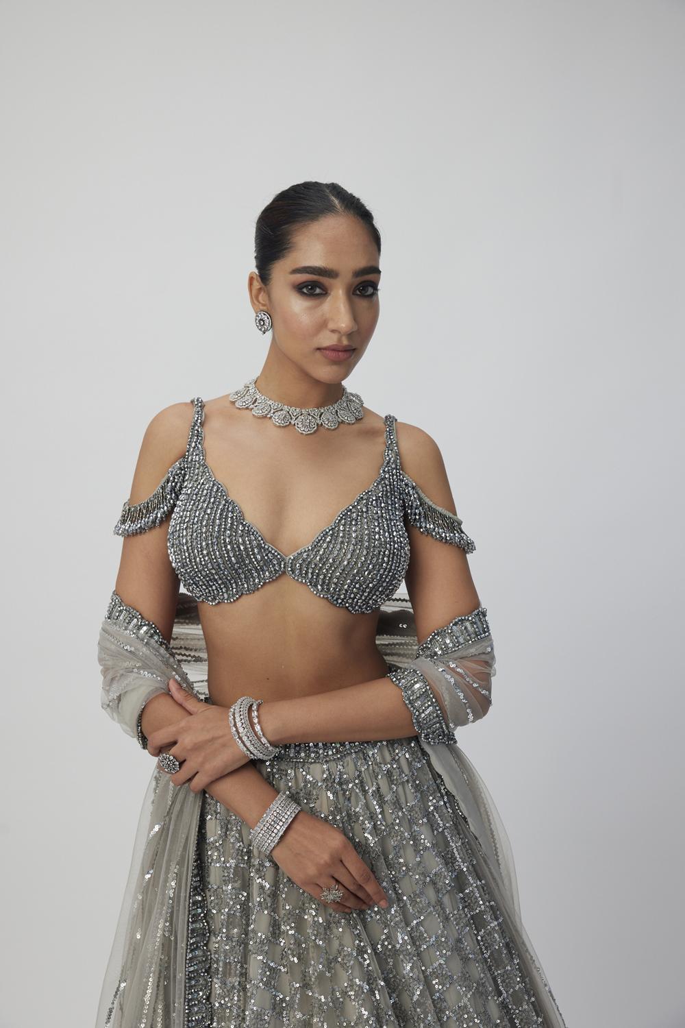 Crystal Grey Sequins Embroidered Lehenga Set