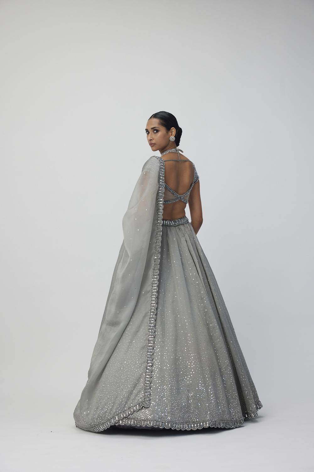 Crystal Grey Sequins Scattered Organza Lehenga Set