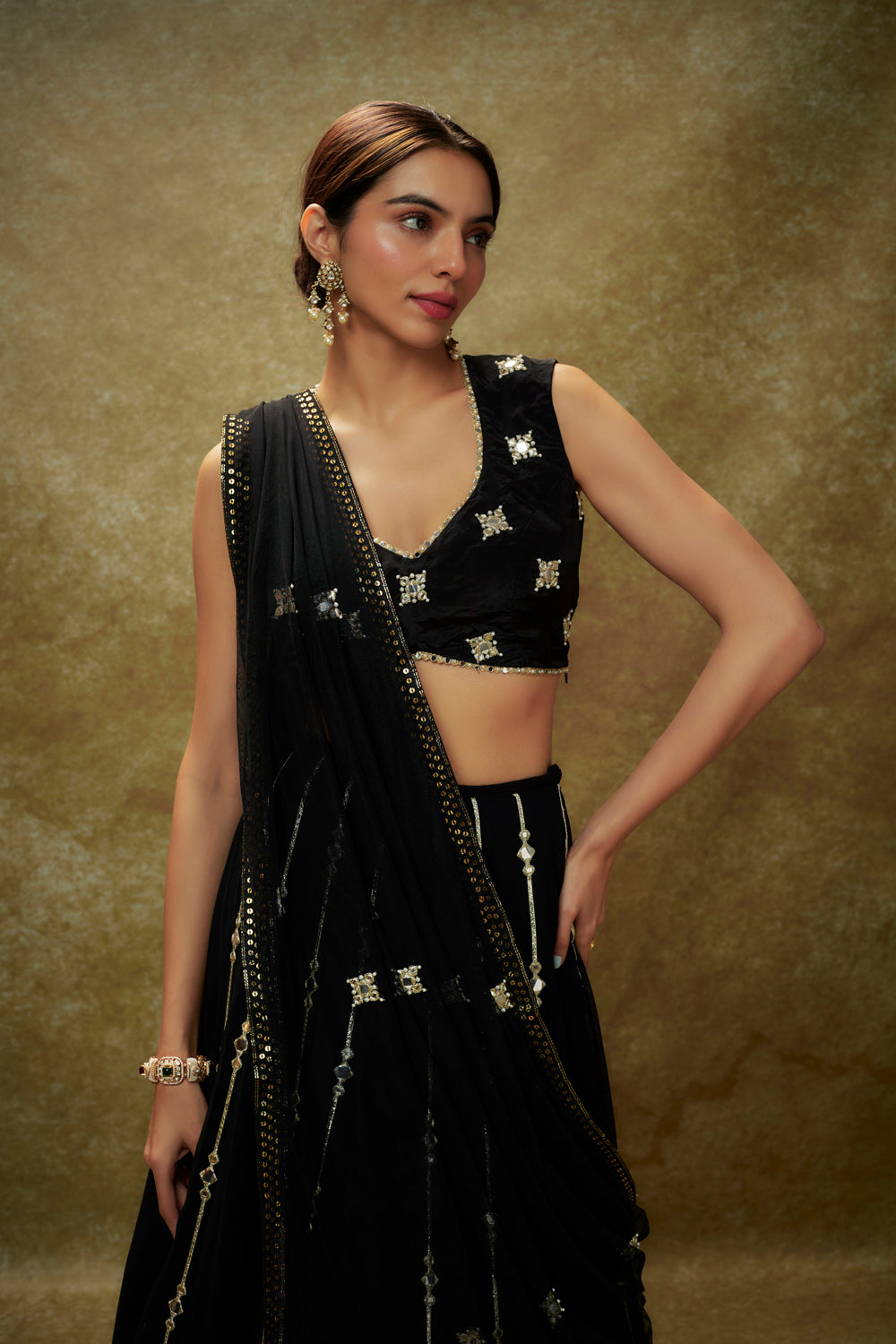 Black Mirror Work Sequin Lehenga Set