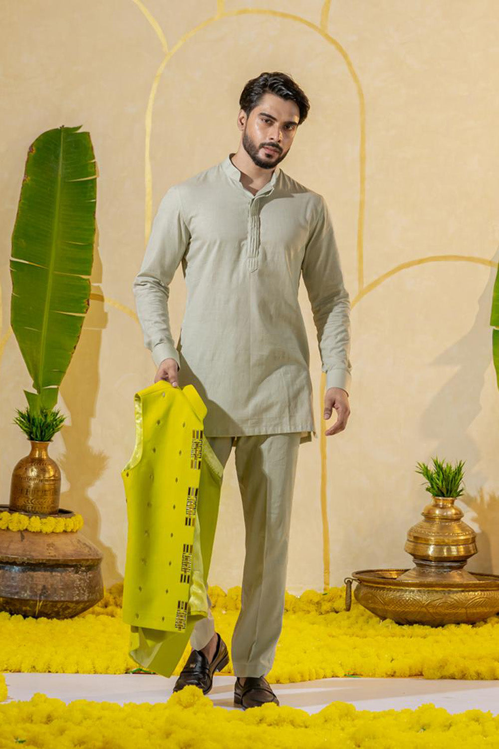Linen Green Grey Short Kurta Set