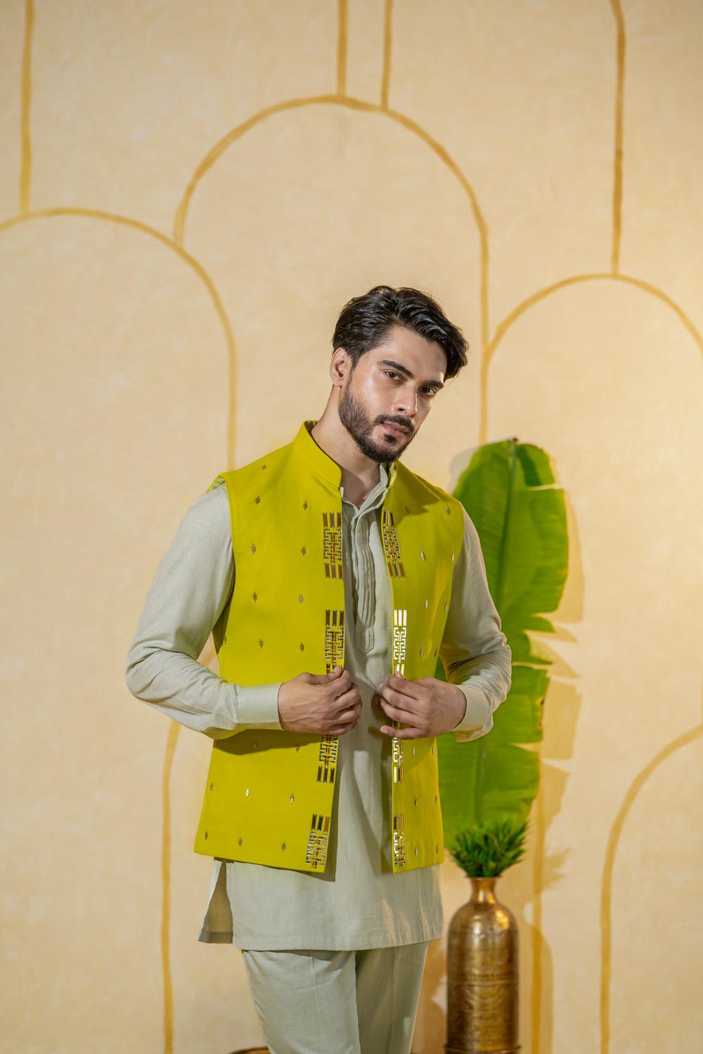 Linen Green Grey Short Kurta Set
