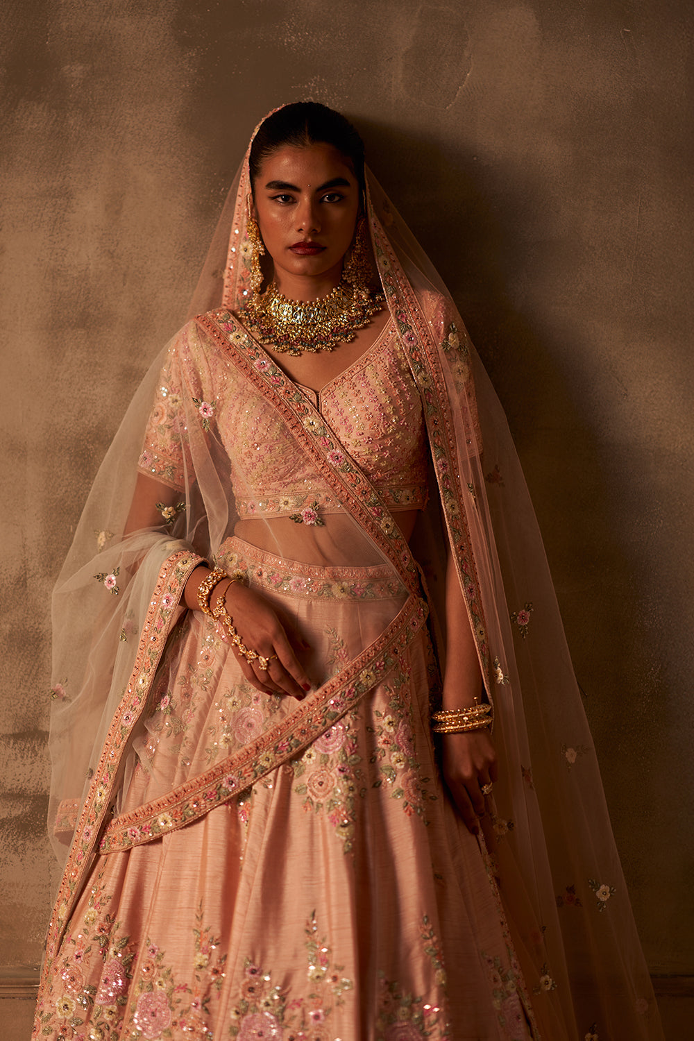 Peach Raw Silk Double Dupatta Lehenga Set