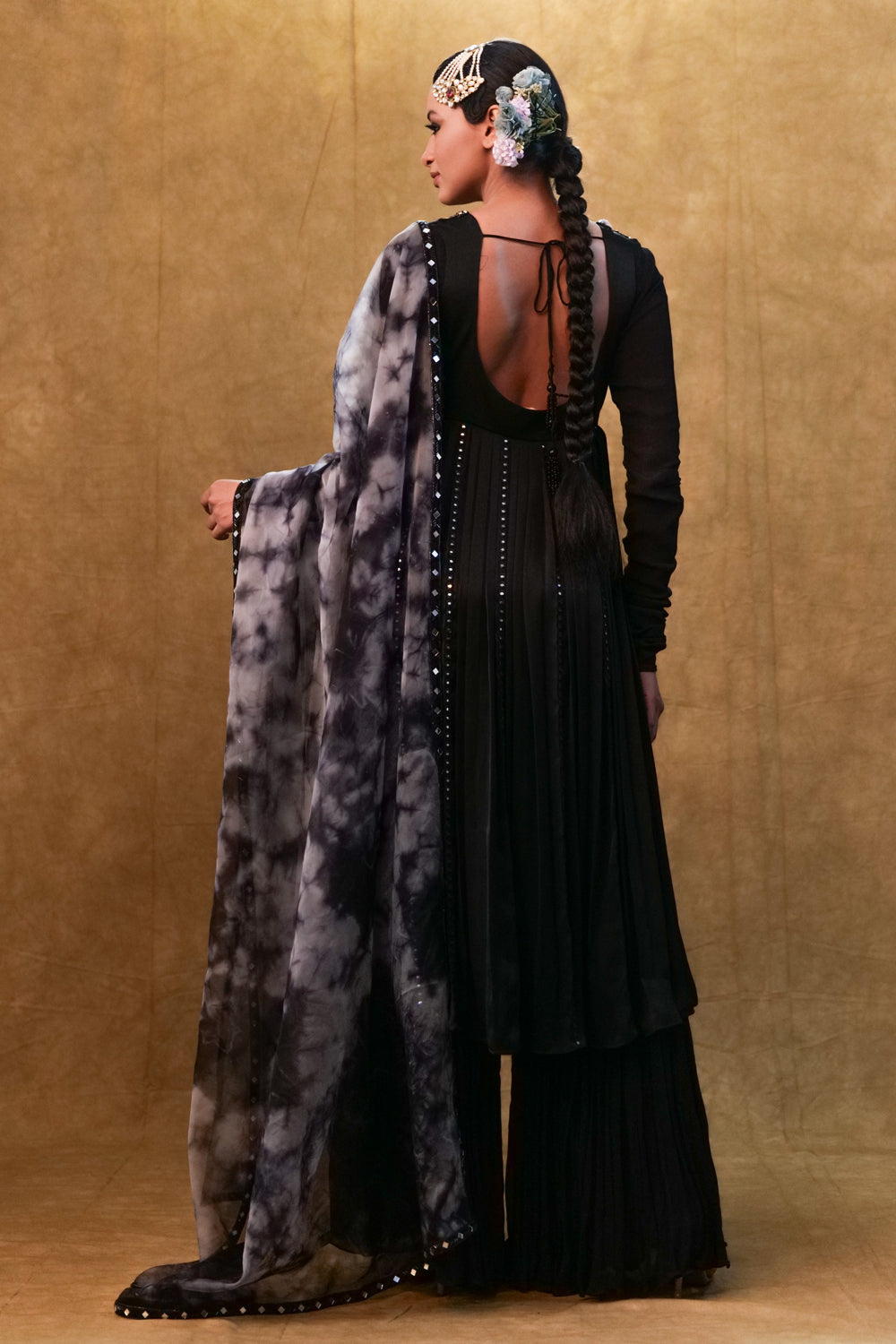 Black Anarkali Paired With Tie- Dye Dupatta And Flared Pants