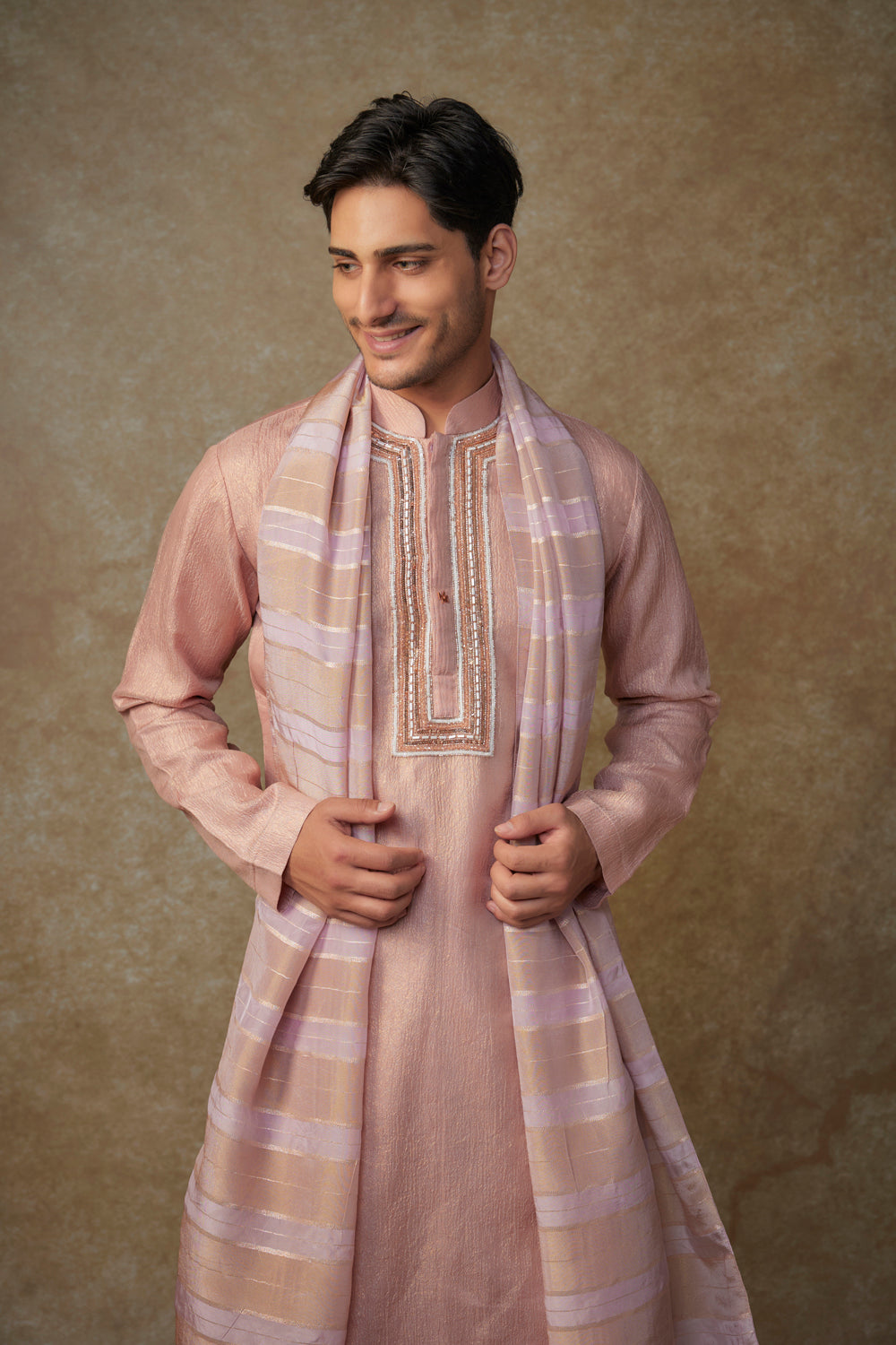 Peach Embroiderd Kurta With Dupatta And Dhoti