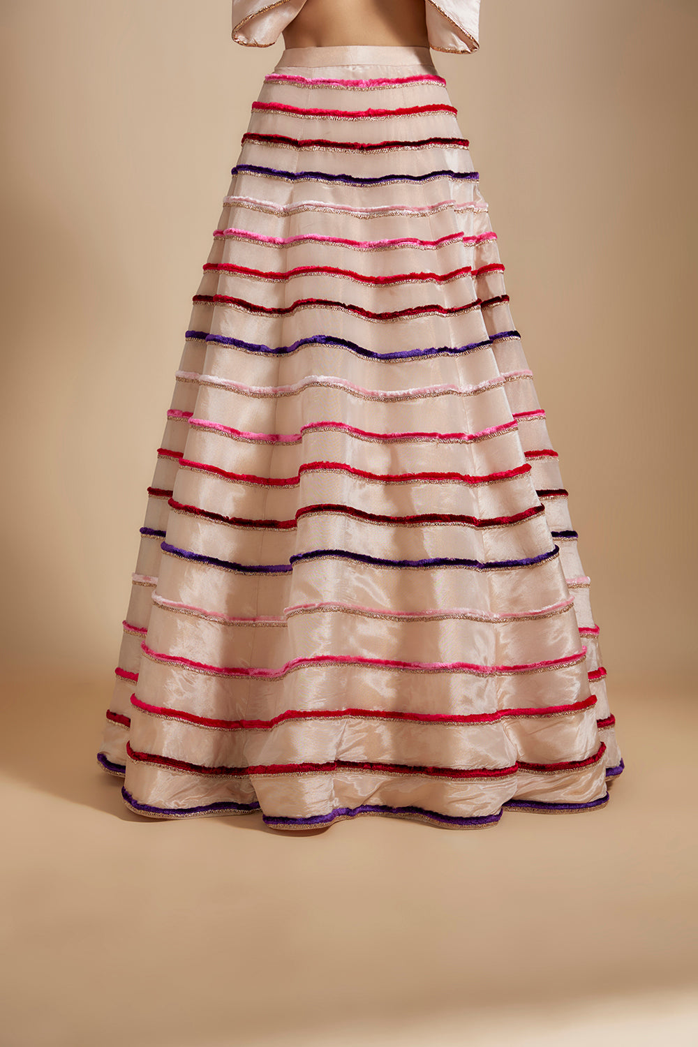 Peach Multiple-Coloured Embroidered Lehenga With Bow Blouse