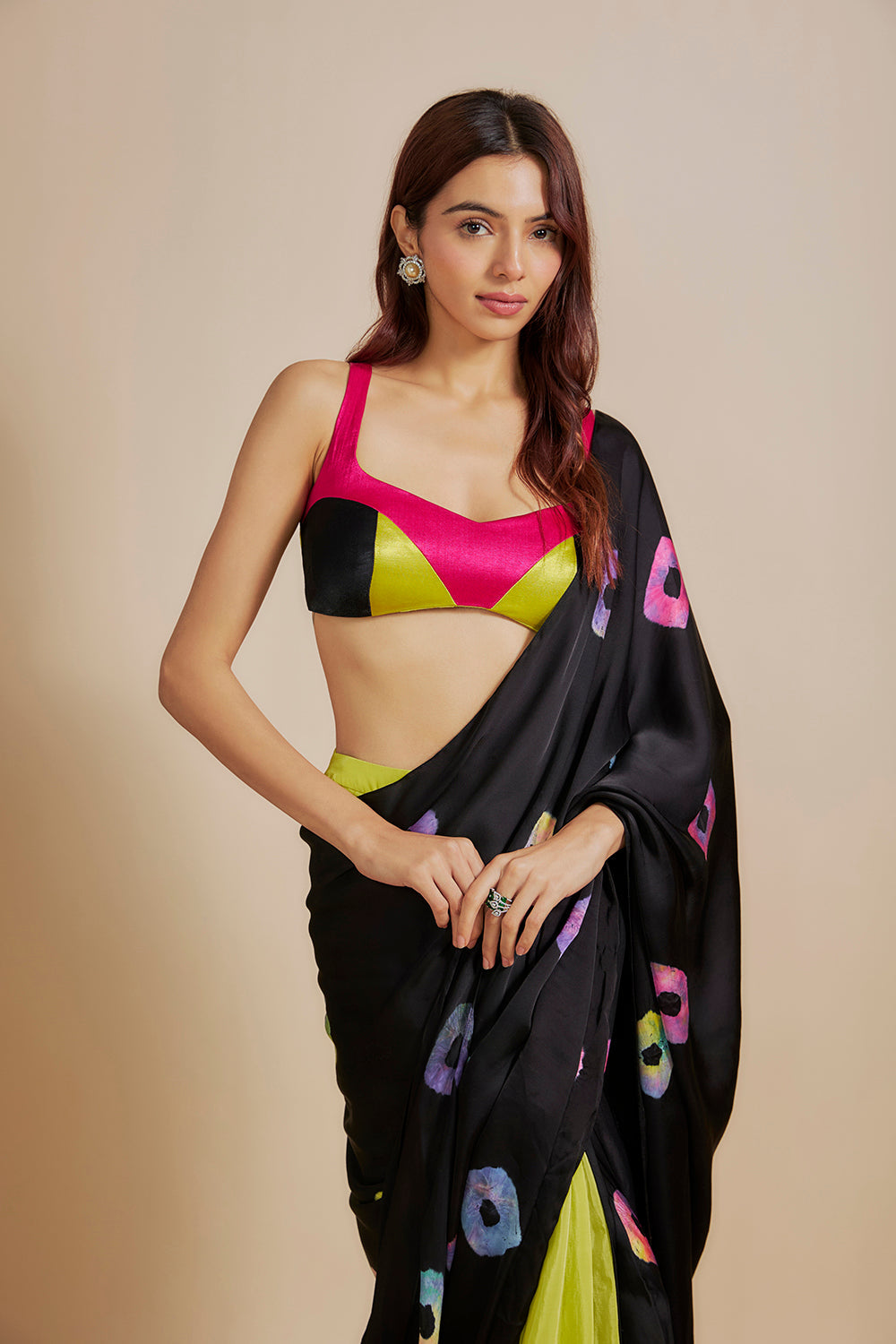 Black Shibori Saree With Multi-Colour Bloue