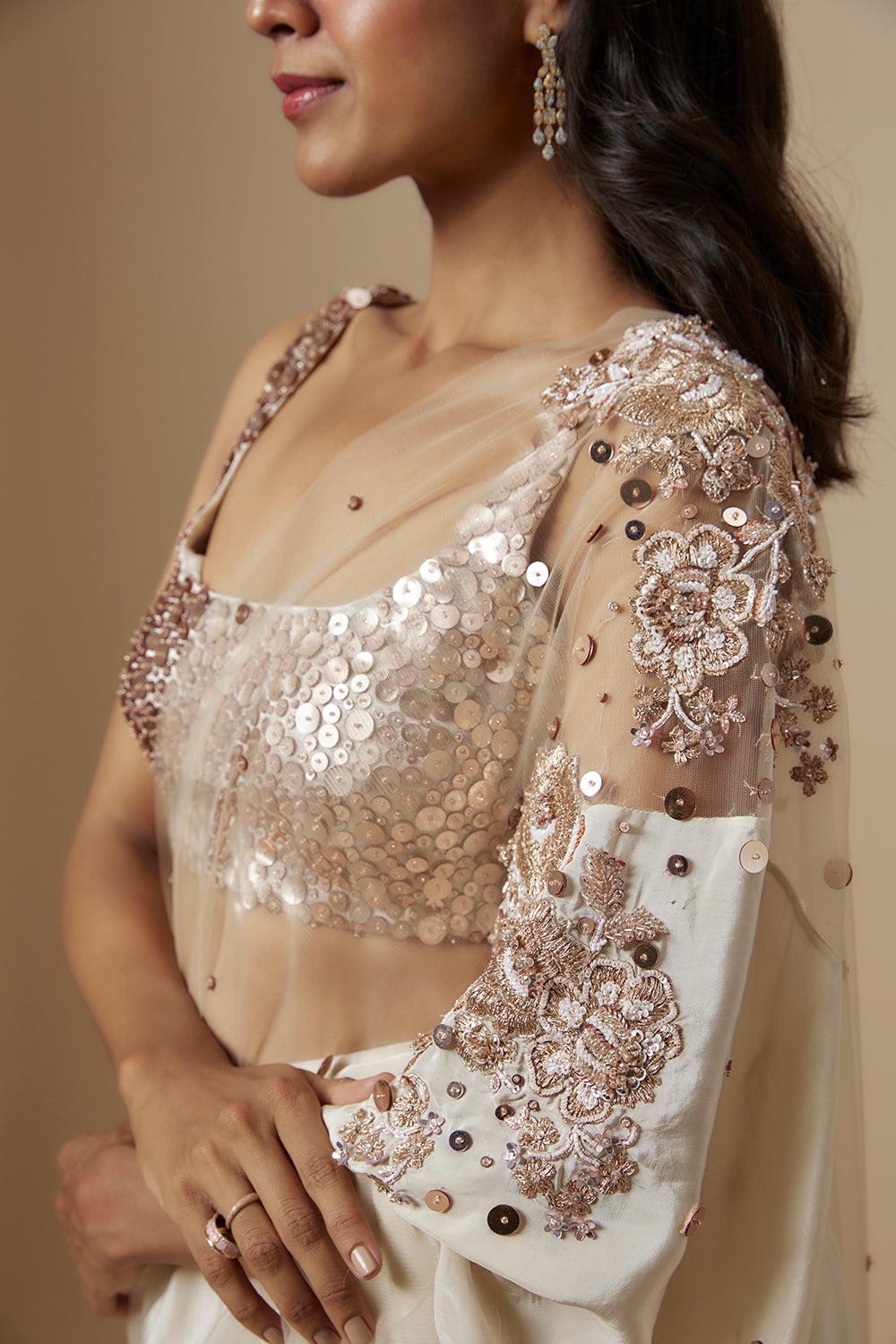 Beige Block Embroidered Saree With Embroidered Blouse