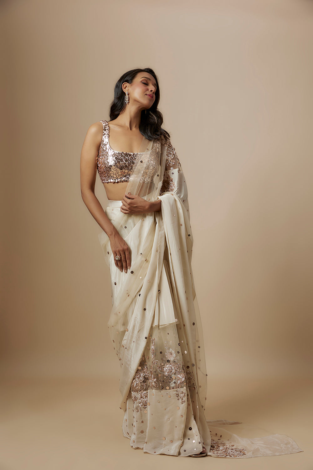 Beige Block Embroidered Saree With Embroidered Blouse