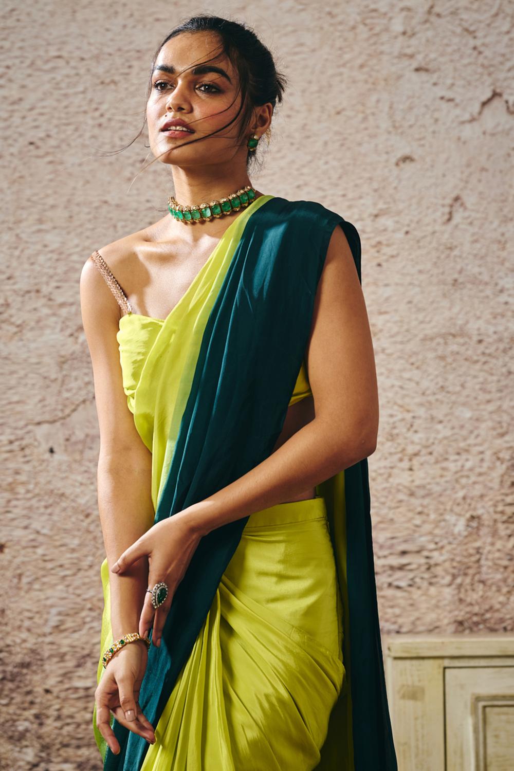 Neon Green Blouse Withndark Green And Neon Green Ombre Saree