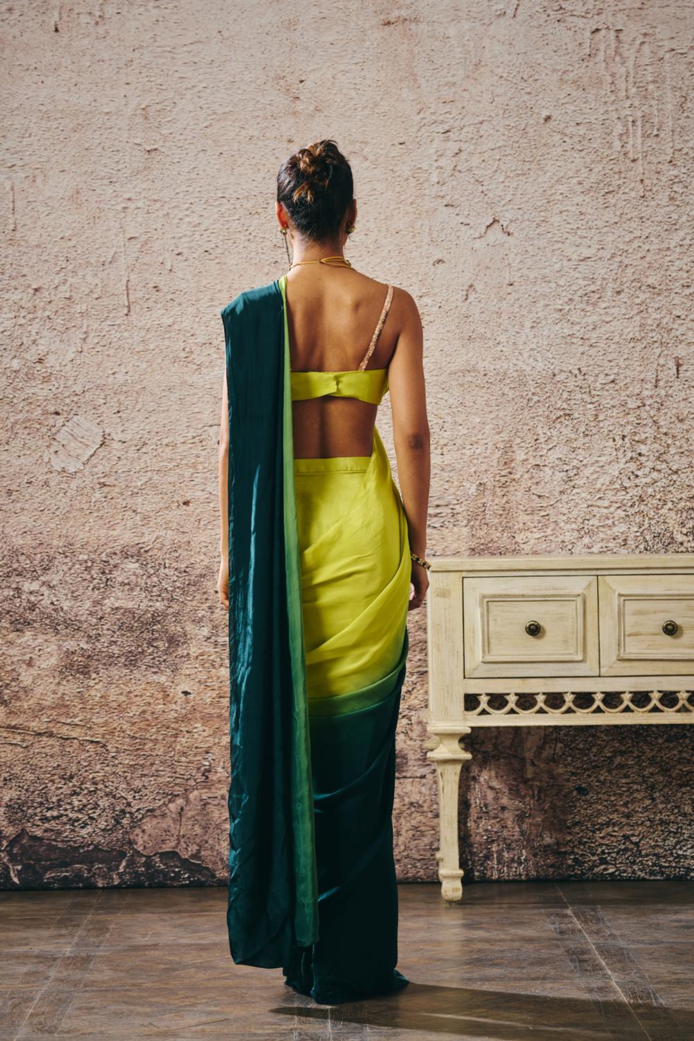 Neon Green Blouse Withndark Green And Neon Green Ombre Saree