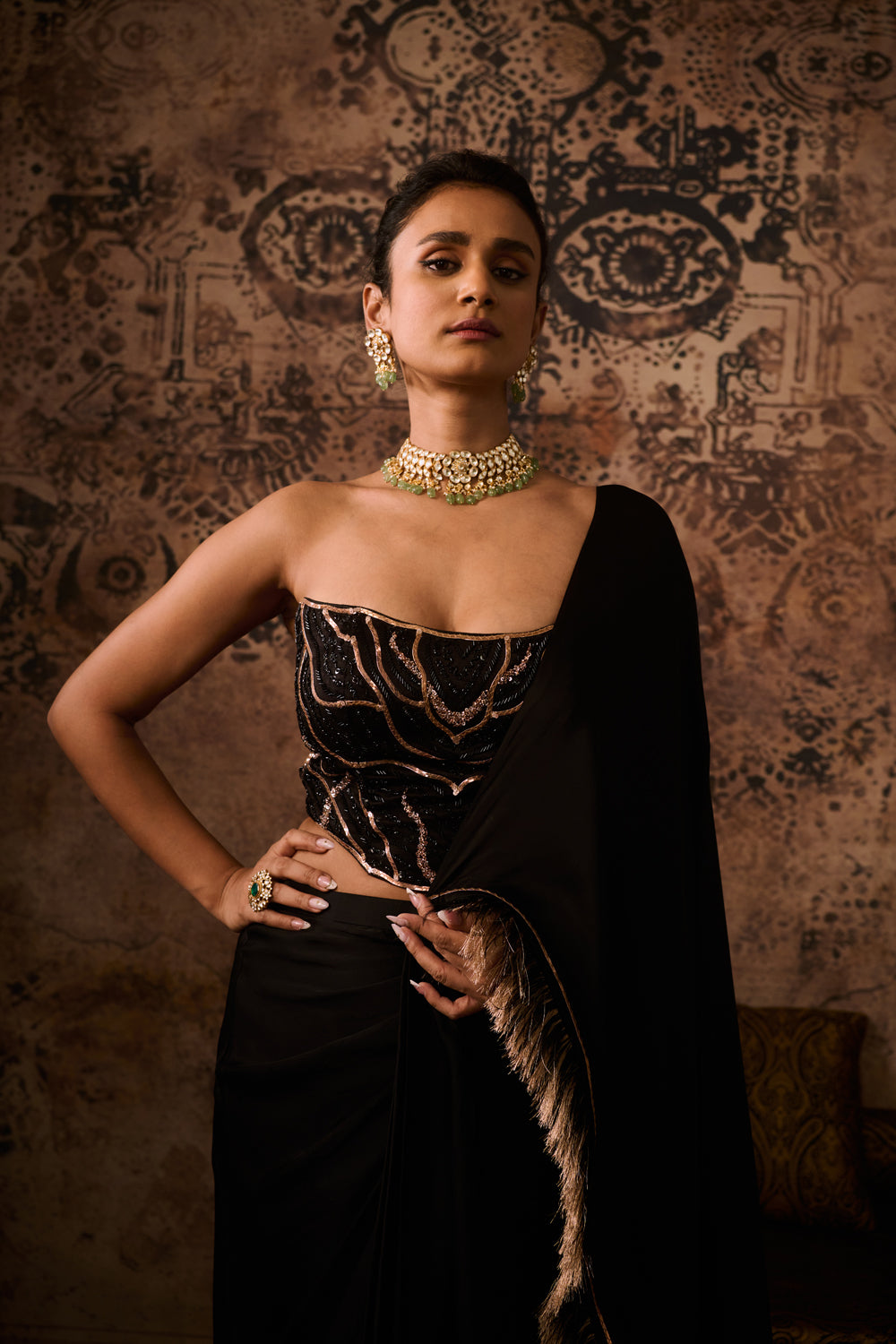 Black Embroidered Corset With Drape Saree