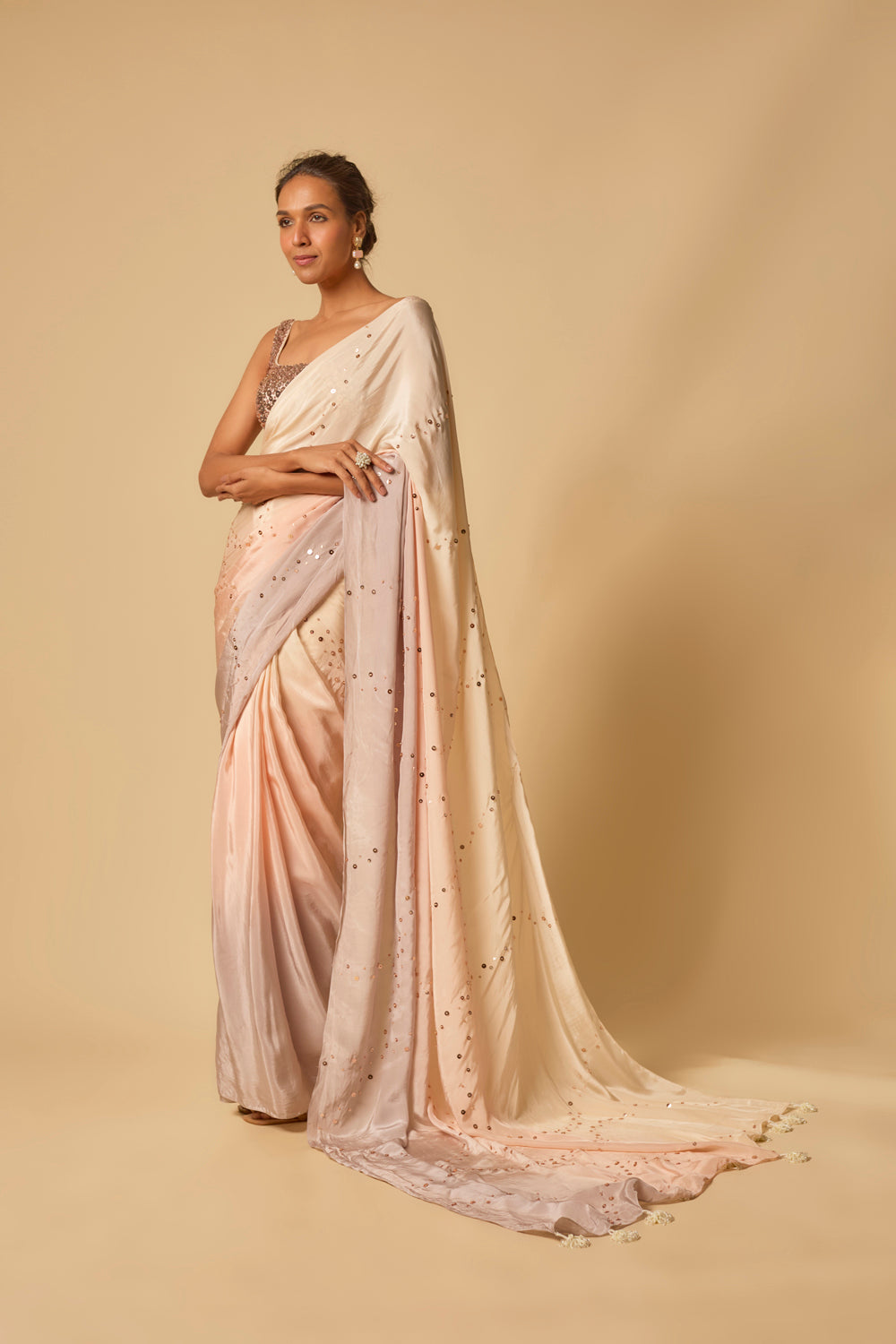 Beige To Lilac Ombre Sequin Embroidered Pre-Stitched Saree With Embroidered Blouse