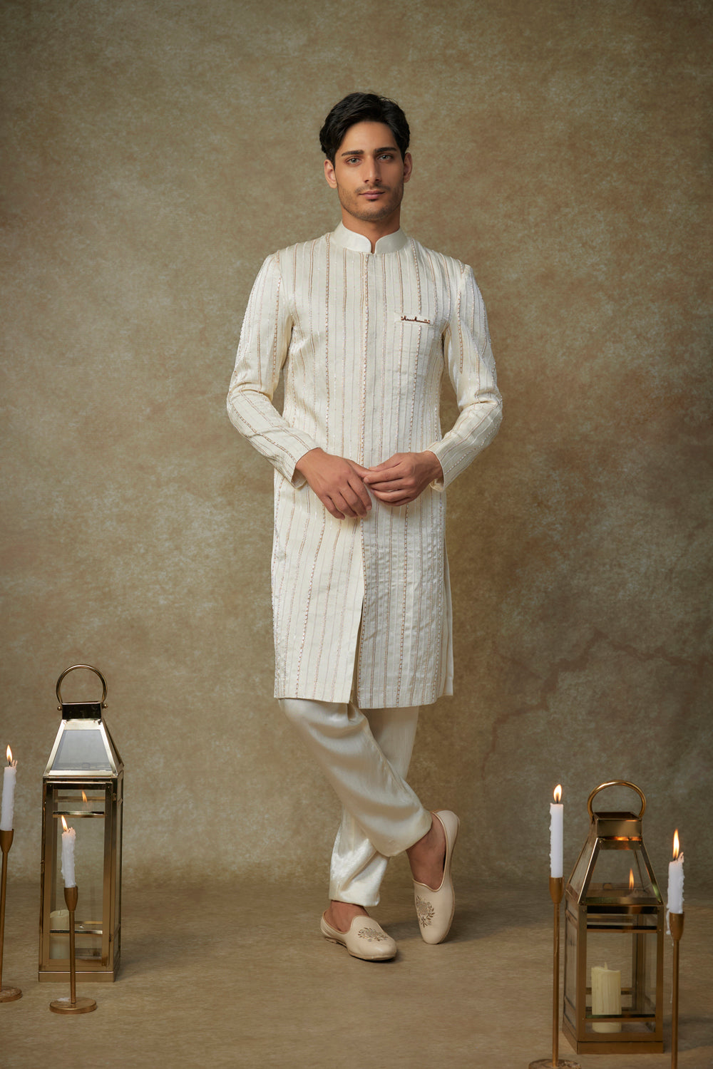 Beige Crystal Embroiderd Sherwani With Pant
