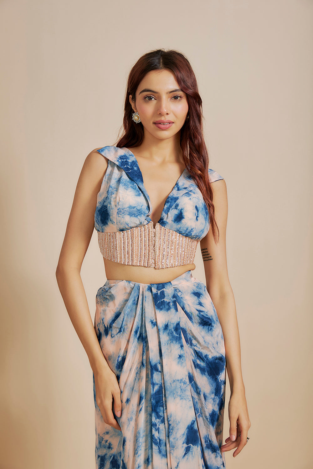 Peach/ Blue Shibori Embroidered vest coat With Skirt