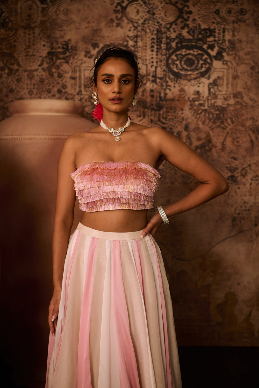 Pink Embroidered Top With Multiple Coloured Skirt