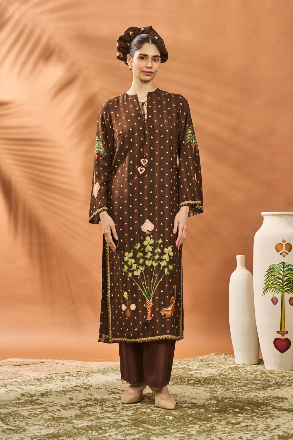 Brown Striped All Fours Kurta Set 