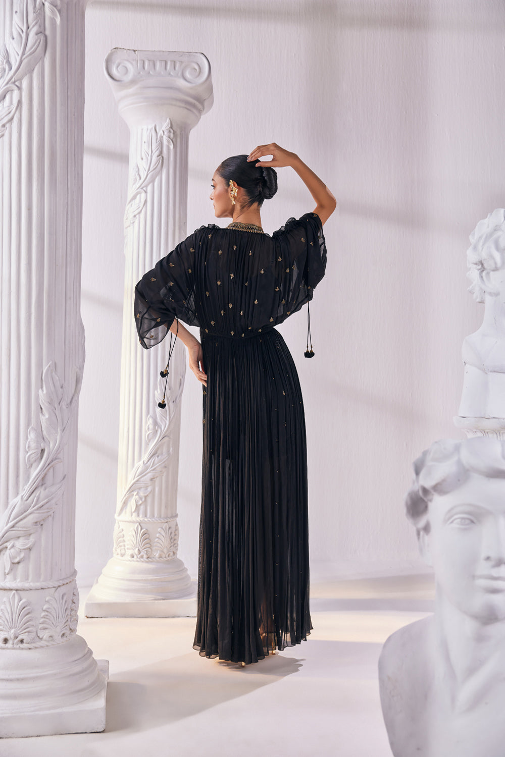 Chiffon Kaftan Dress Featuring An Emroidered Plunging Neckline.
