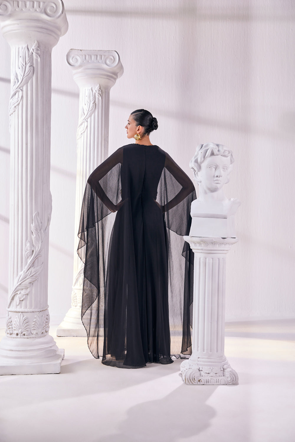 Black Chiffon Kaftan Dress Featuring An Emroidered Waistline.