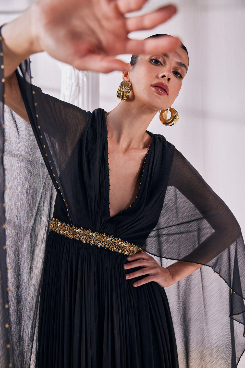 Black Chiffon Kaftan Dress Featuring An Emroidered Waistline.