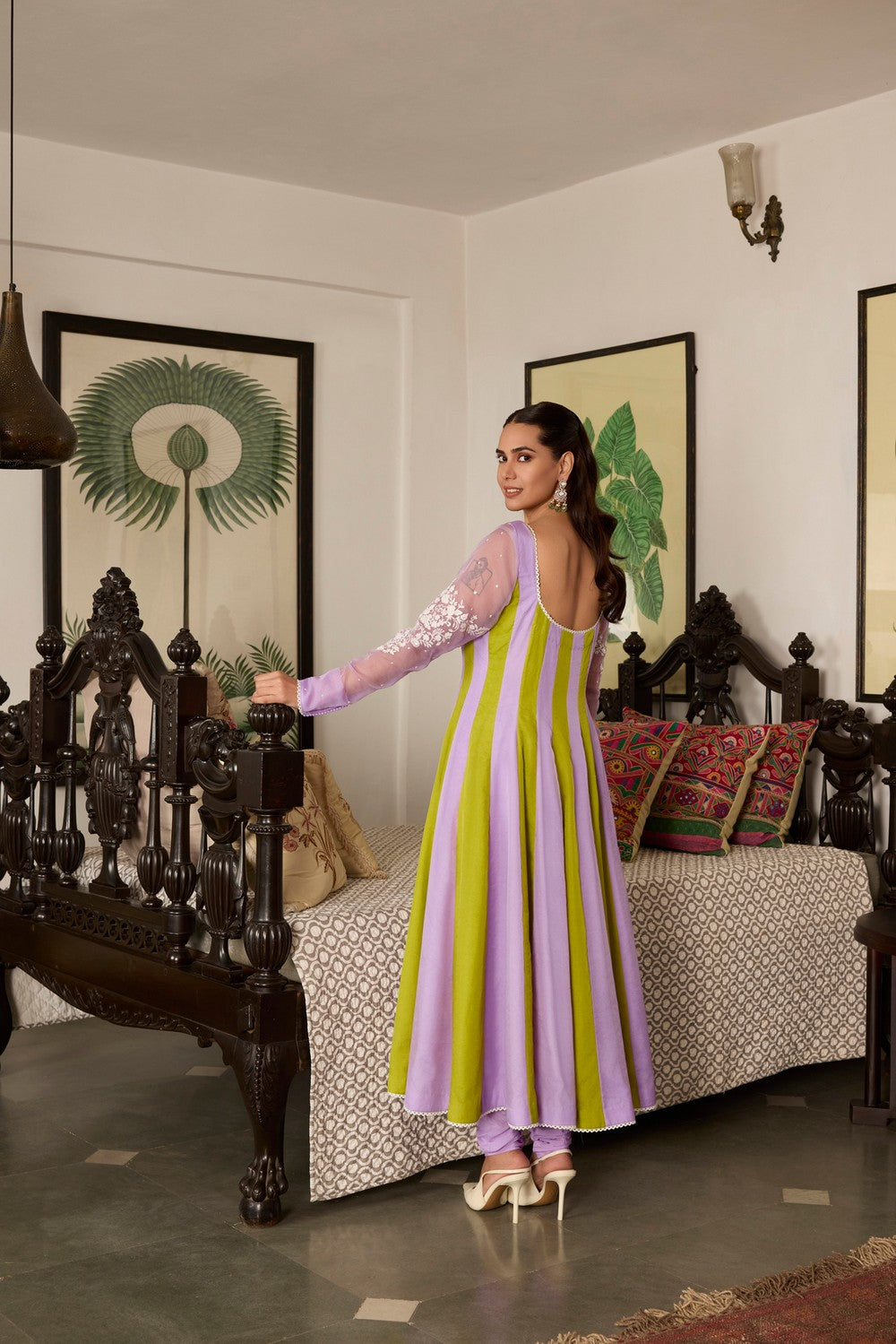 Lavender green Embroidered organza anarkali Suit