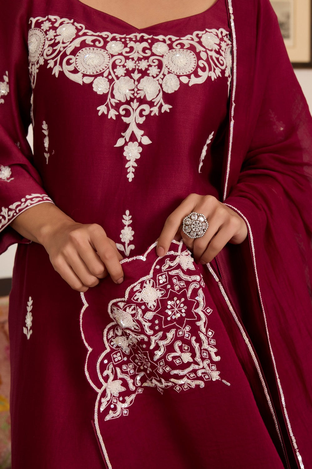 Mehroon Embroidered chanderi Silk Suit