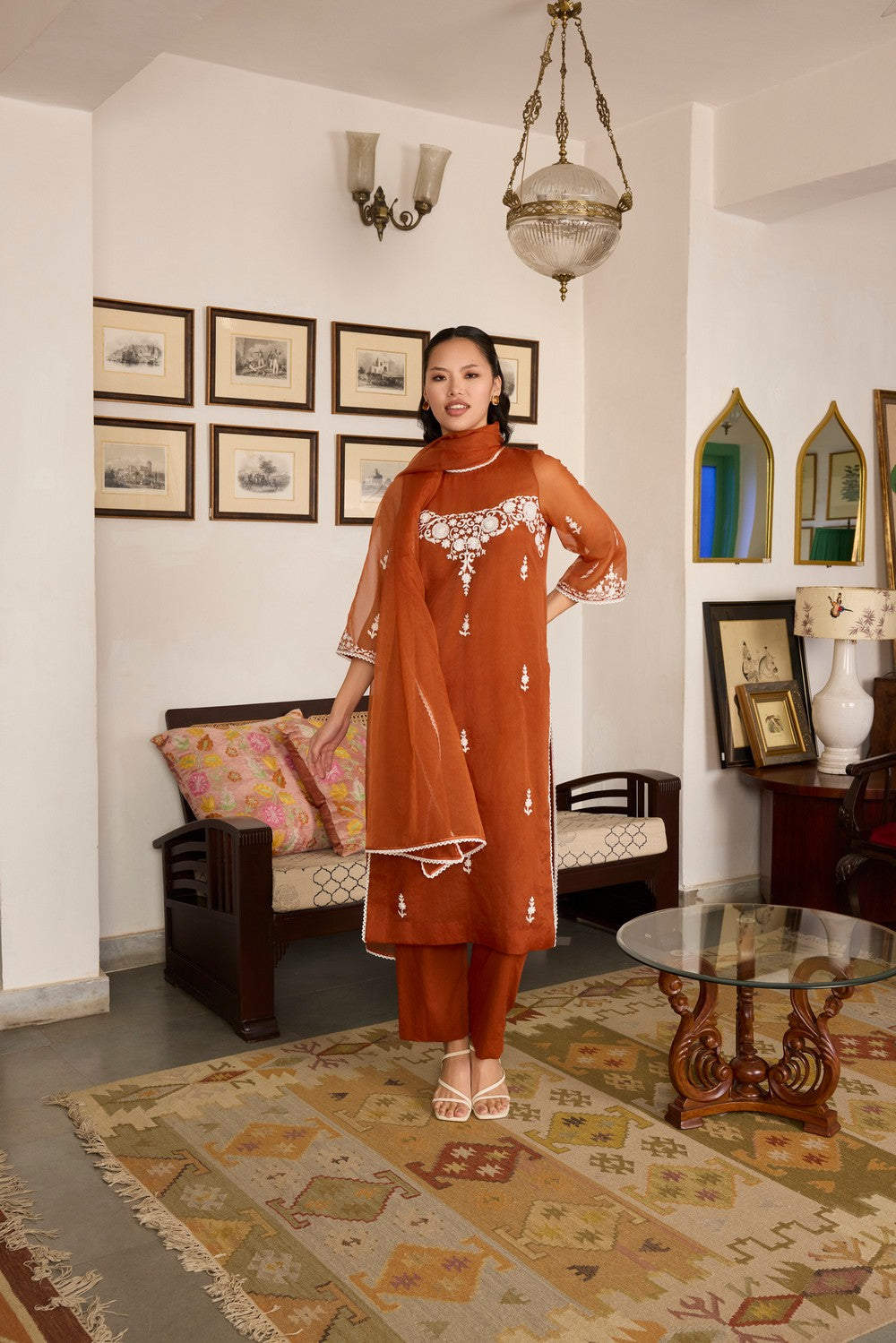 Brown Embroidered organza Suit