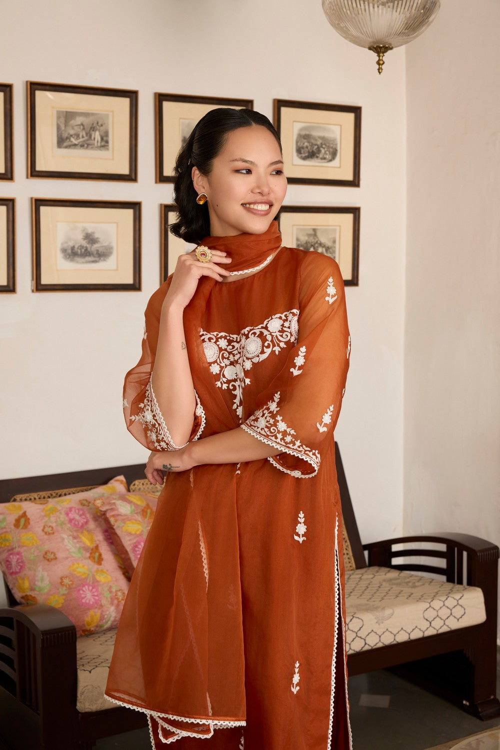 Brown Embroidered organza Suit