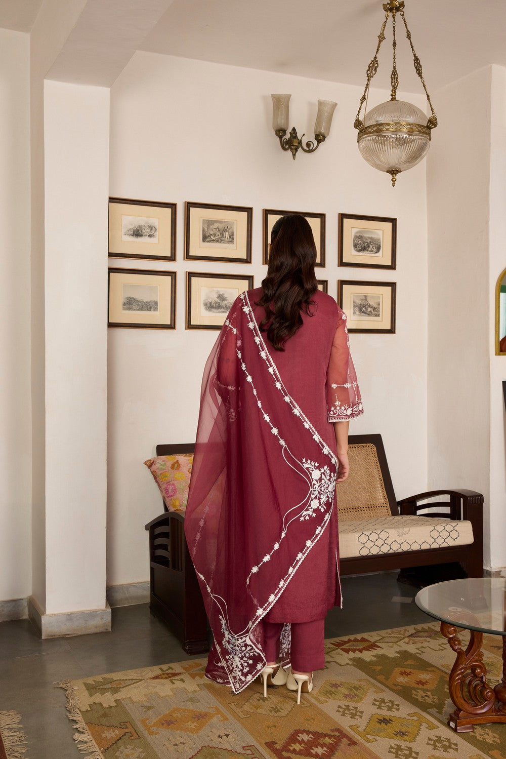 Brown Embroidered organza Suit