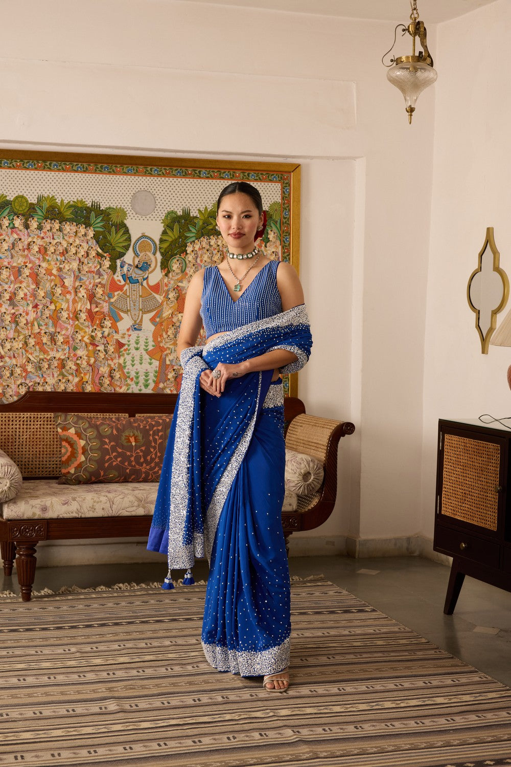 Blue Embroidered crepe saree