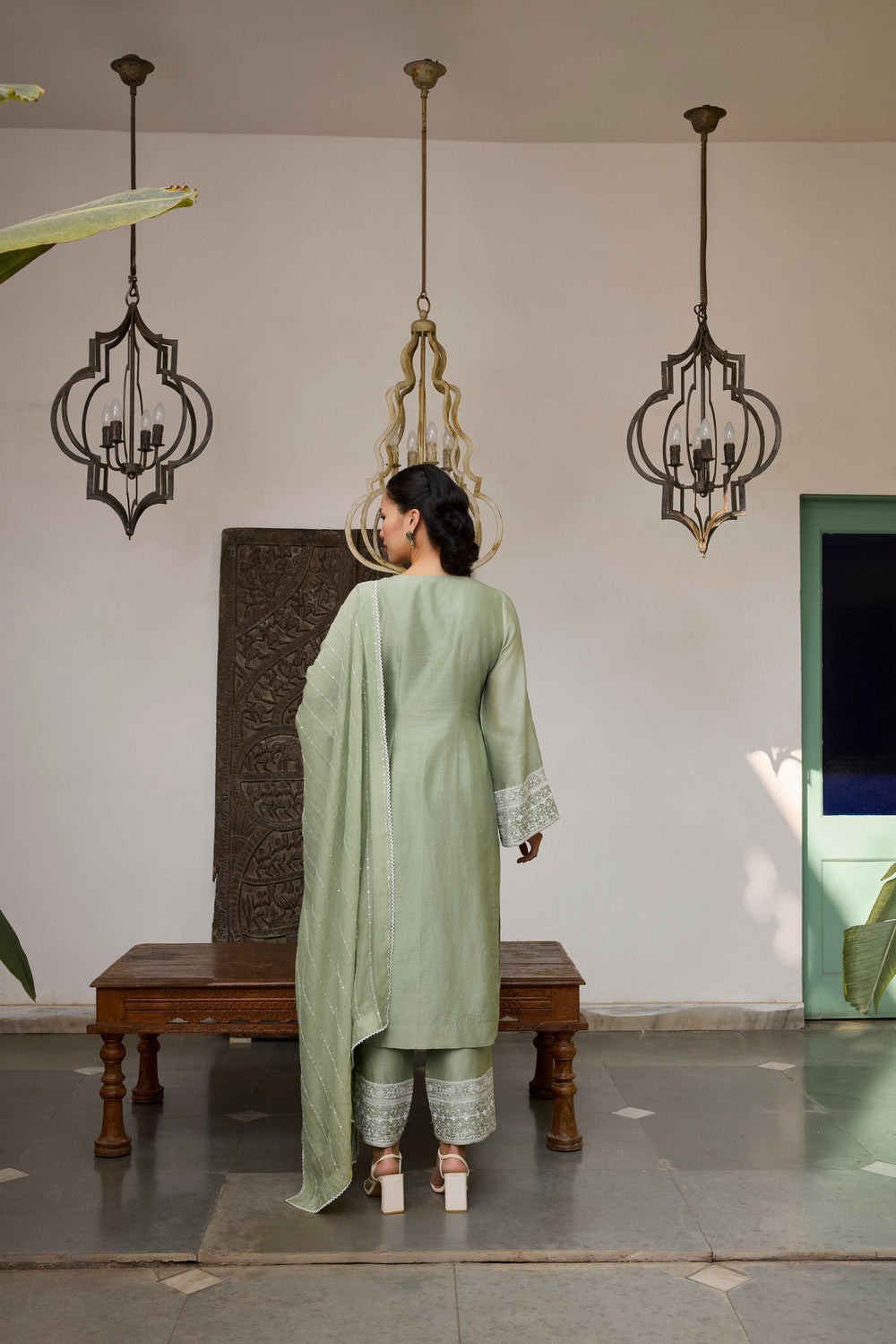 Sage Green Embroidered chanderi Silk suit