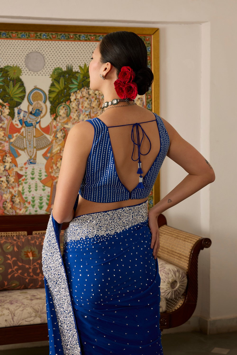 Blue Embroidered crepe saree