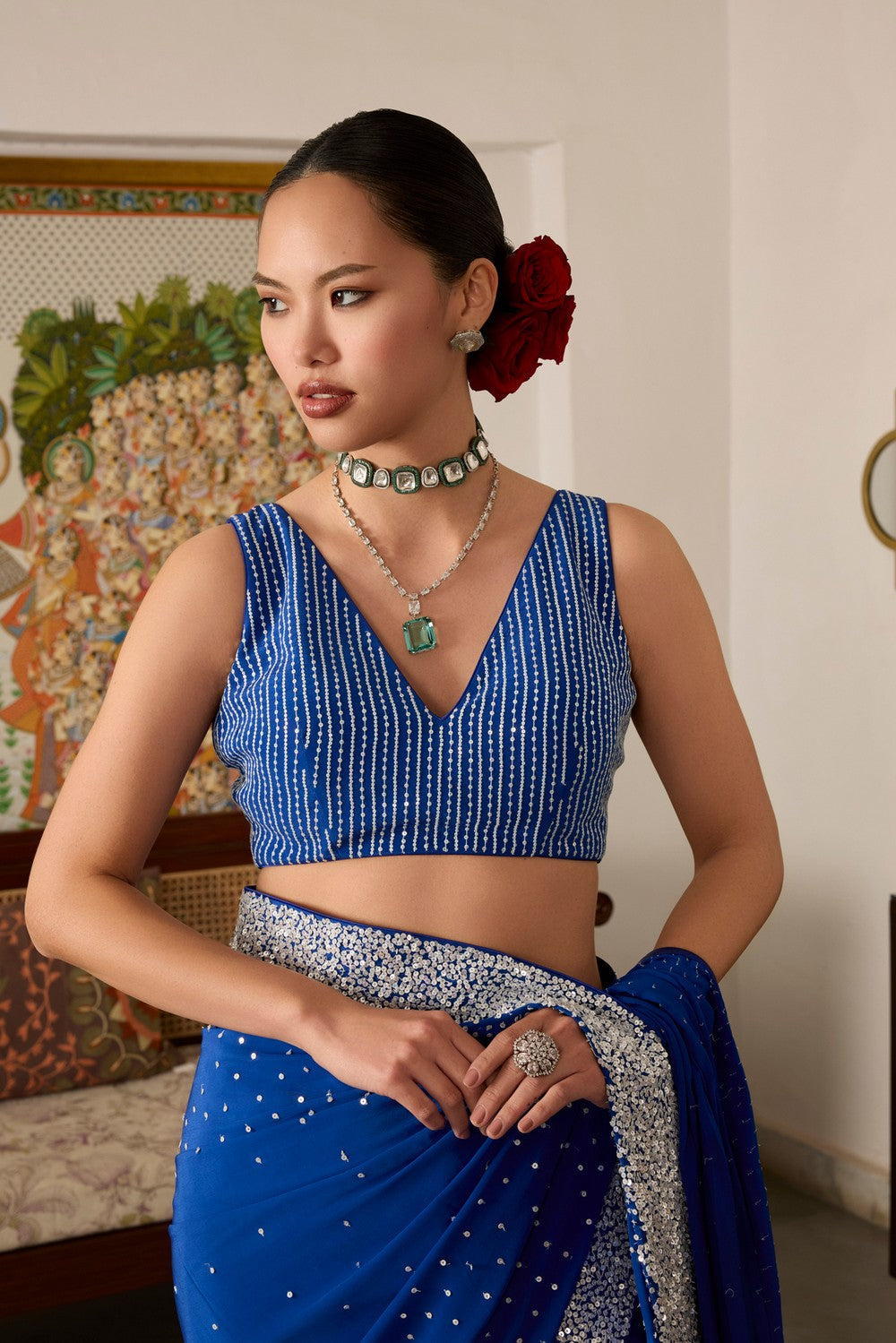 Blue Embroidered crepe saree