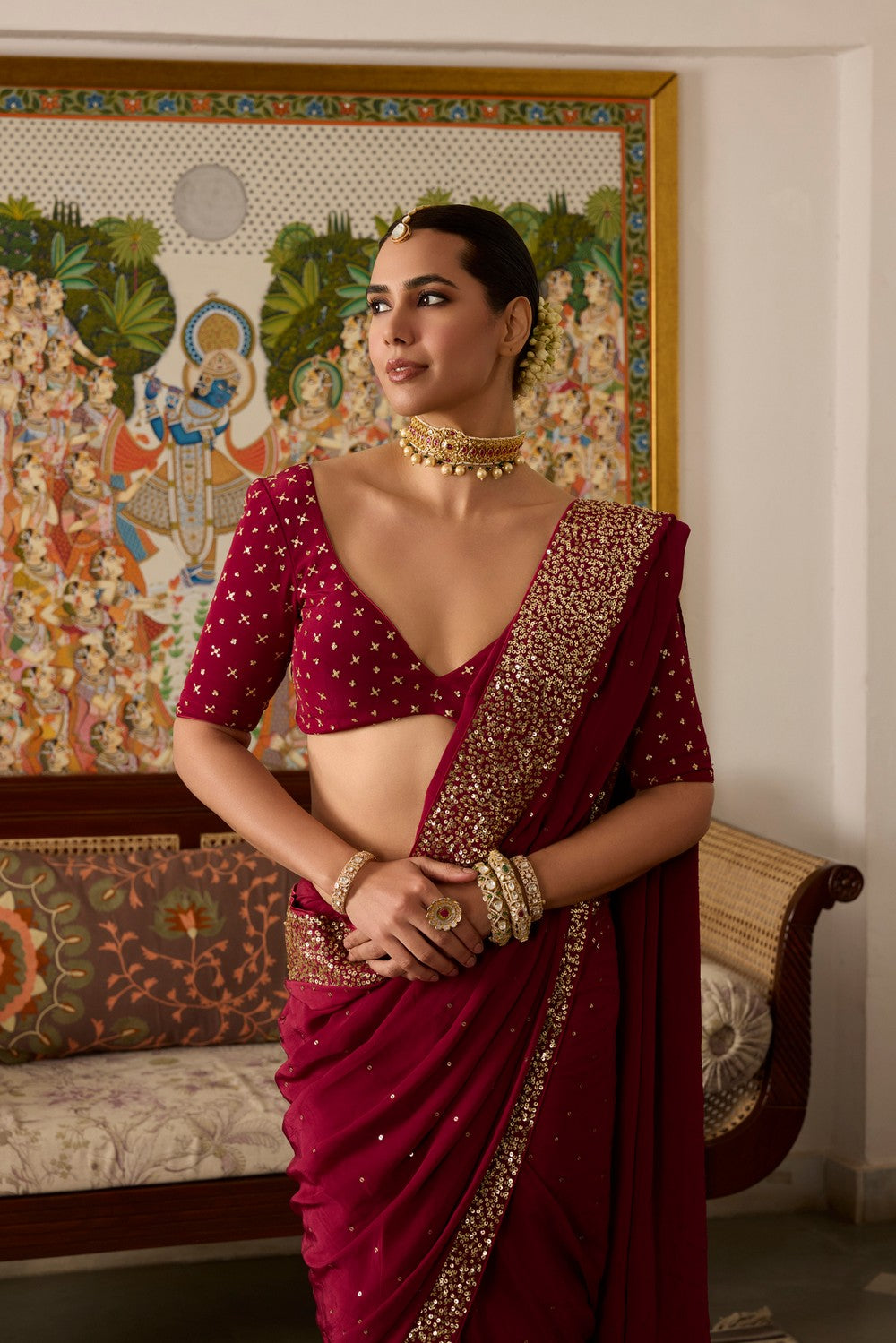 Mehroon Embroidered crepe saree