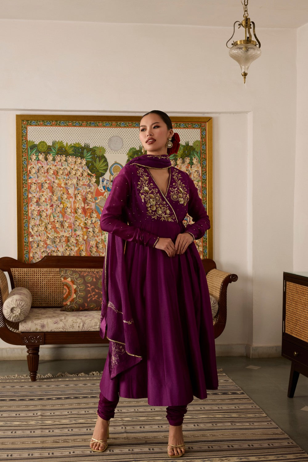Purple Embroidered chanderi Silk anarkali Suit